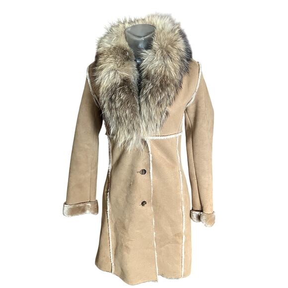 Vintage CACHE Penny Lane Coat w Raccoon Fur Trim Size XS 90s Y2K Beige Jacket - Picture 1 of 7